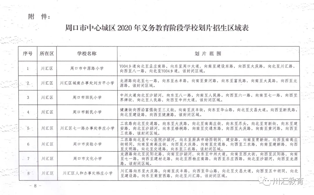 川汇区2020年义务教育阶段学校招生工作方案